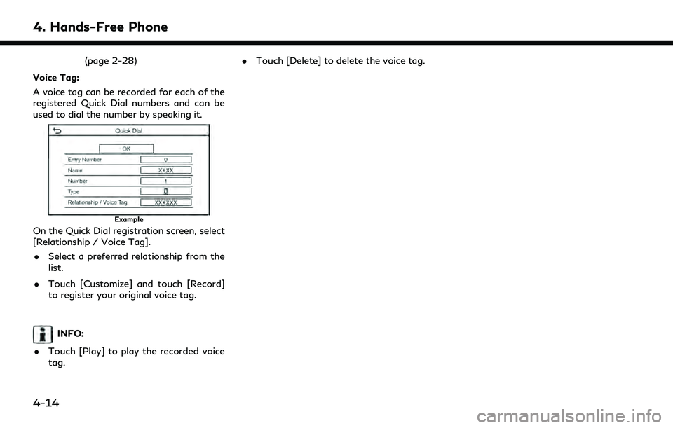 INFINITI QX55 2022  Owners Manual 4. Hands-Free Phone
(page 2-28)
Voice Tag:
A voice tag can be recorded for each of the
registered Quick Dial numbers and can be
used to dial the number by speaking it.
Example
On the Quick Dial regist