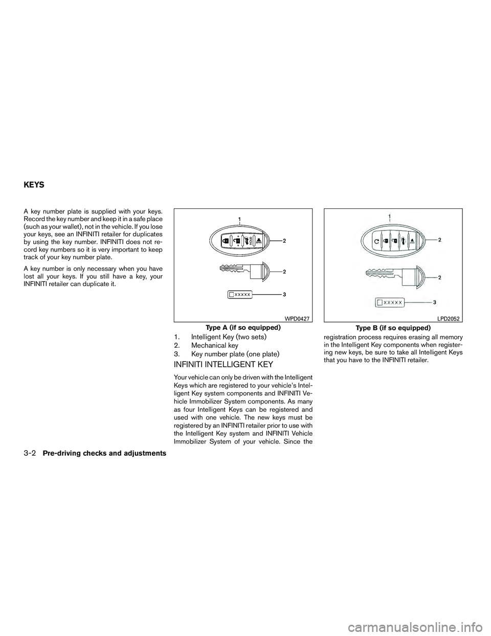 INFINITI QX60 2015  Owners Manual A key number plate is supplied with your keys.
Record the key number and keep it in a safe place
(such as your wallet) , not in the vehicle. If you lose
your keys, see an INFINITI retailer for duplica