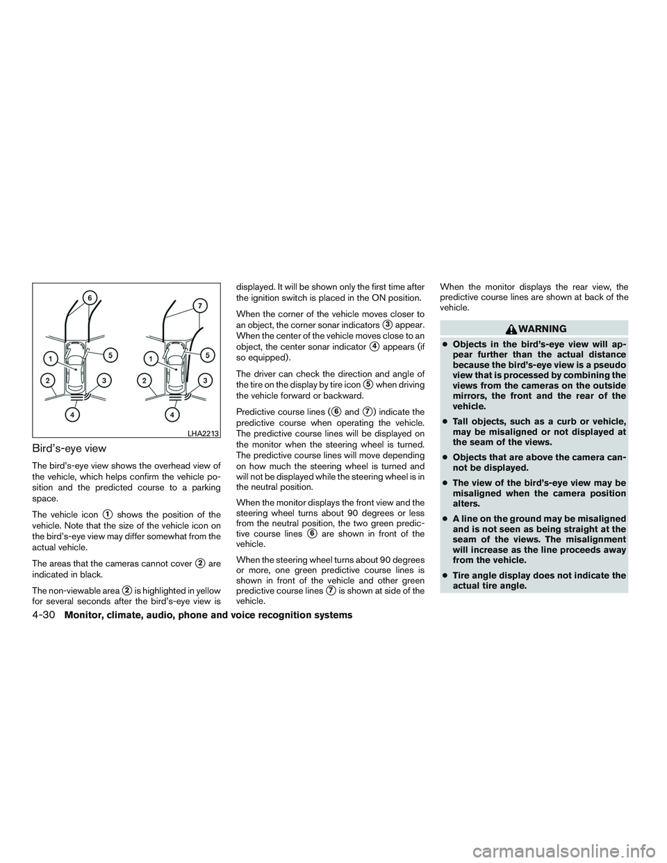 INFINITI QX60 2015  Owners Manual Bird’s-eye view
The bird’s-eye view shows the overhead view of
the vehicle, which helps confirm the vehicle po-
sition and the predicted course to a parking
space.
The vehicle icon
1shows the pos