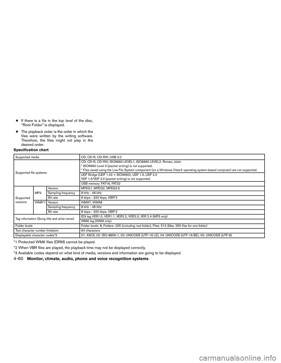 INFINITI QX60 2015  Owners Manual ●If there is a file in the top level of the disc,
“Root Folder” is displayed.
● The playback order is the order in which the
files were written by the writing software.
Therefore, the files mi