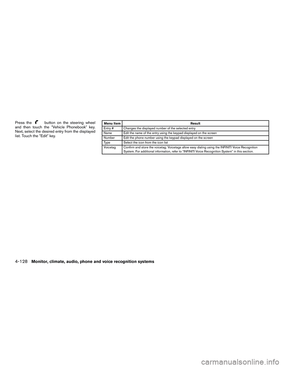INFINITI QX60 2015  Owners Manual Press thebutton on the steering wheel
and then touch the Vehicle Phonebook key.
Next, select the desired entry from the displayed
list. Touch the Editkey.Menu Item Result
Entry # Changes the displ