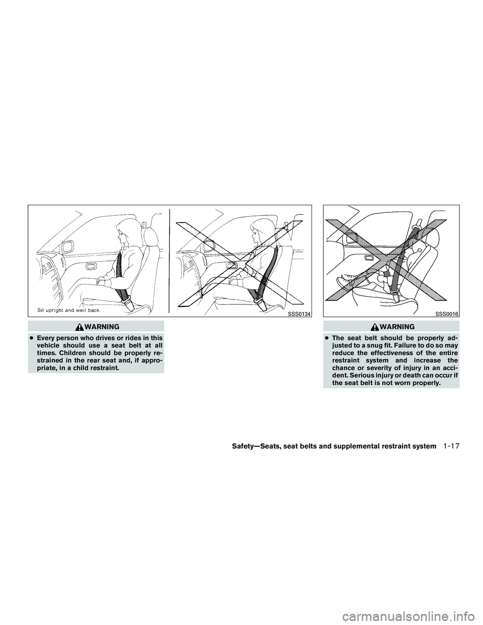 INFINITI QX60 2015  Owners Manual WARNING
●Every person who drives or rides in this
vehicle should use a seat belt at all
times. Children should be properly re-
strained in the rear seat and, if appro-
priate, in a child restraint.

