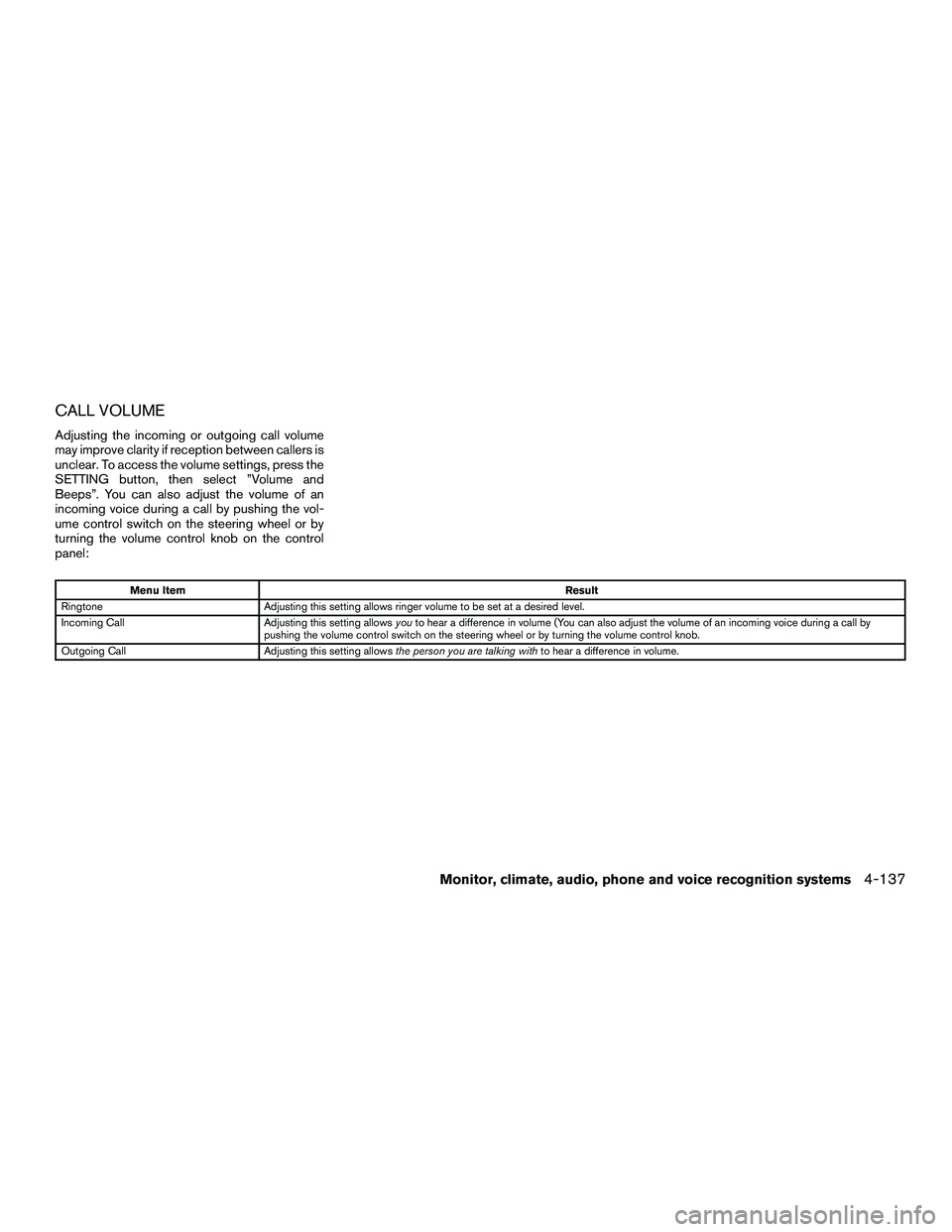 INFINITI QX60-HYBRID 2016  Owners Manual CALL VOLUME
Adjusting the incoming or outgoing call volume
may improve clarity if reception between callers is
unclear. To access the volume settings, press the
SETTING button, then select ”Volume a
