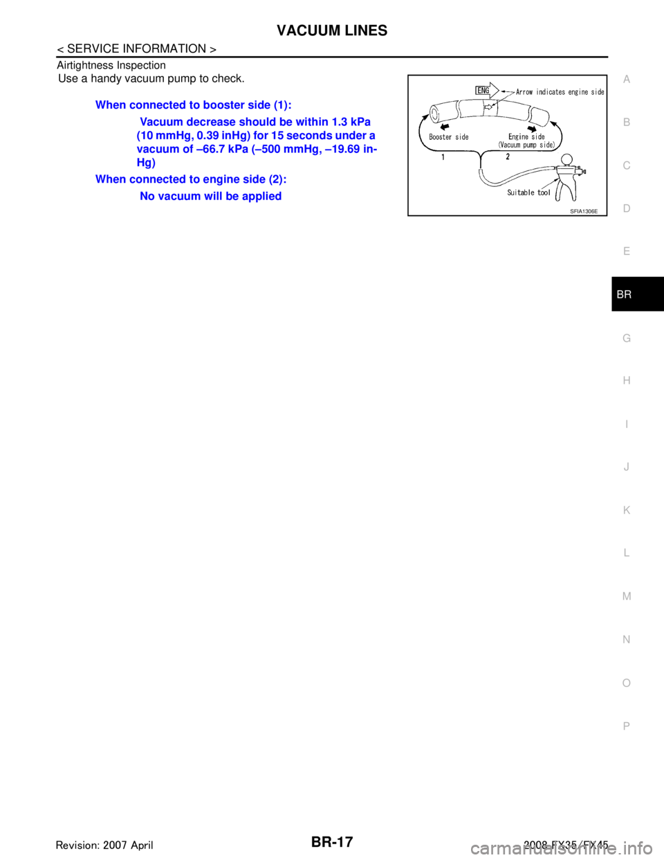 INFINITI FX35 2008  Service Manual 
VACUUM LINESBR-17
< SERVICE INFORMATION >
C
DE
G H
I
J
K L
M A
B
BR
N
O P
Airtightness Inspection
Use a handy vacuum pump to check.
When connected to booster side (1):  Vacuum decrease should  be wit