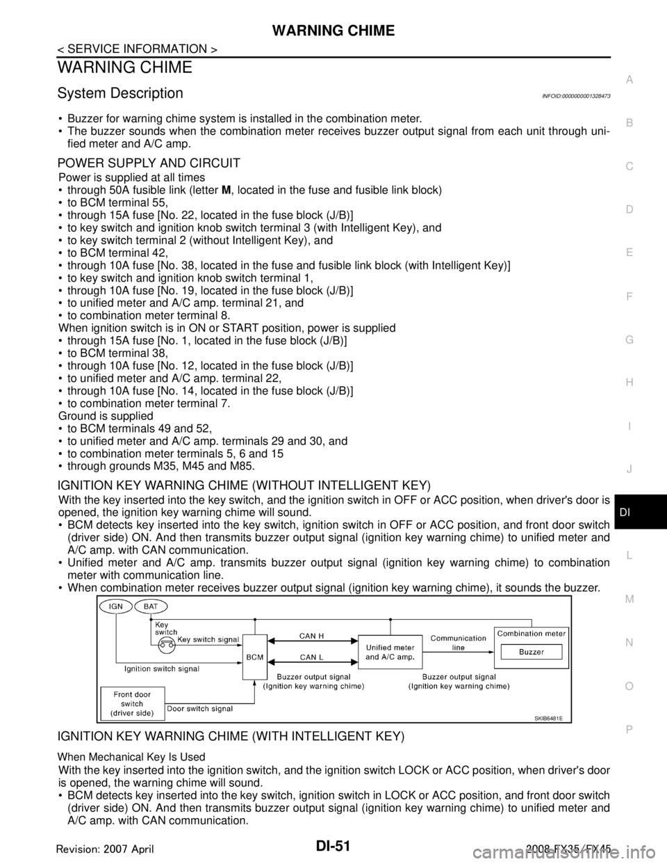 INFINITI FX35 2008 Service Manual
WARNING CHIMEDI-51
< SERVICE INFORMATION >
C
DE
F
G H
I
J
L
M A
B
DI
N
O P
WARNING CHIME
System DescriptionINFOID:0000000001328473
Buzzer for warning chime system is installed in the combination me INFINITI FX35 2008 Service Manual
WARNING CHIMEDI-51
< SERVICE INFORMATION >
C
DE
F
G H
I
J
L
M A
B
DI
N
O P
WARNING CHIME
System DescriptionINFOID:0000000001328473
Buzzer for warning chime system is installed in the combination me