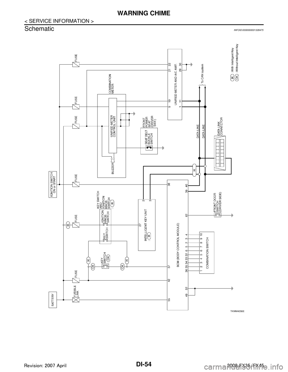 INFINITI FX35 2008  Service Manual 
DI-54
< SERVICE INFORMATION >
WARNING CHIME
Schematic
INFOID:0000000001328475
TKWM4356E
3AA93ABC3ACD3AC03ACA3AC03AC63AC53A913A773A893A873A873A8E3A773A983AC73AC93AC03AC3 
3A893A873A873A8F3A773A9D3AAF3
