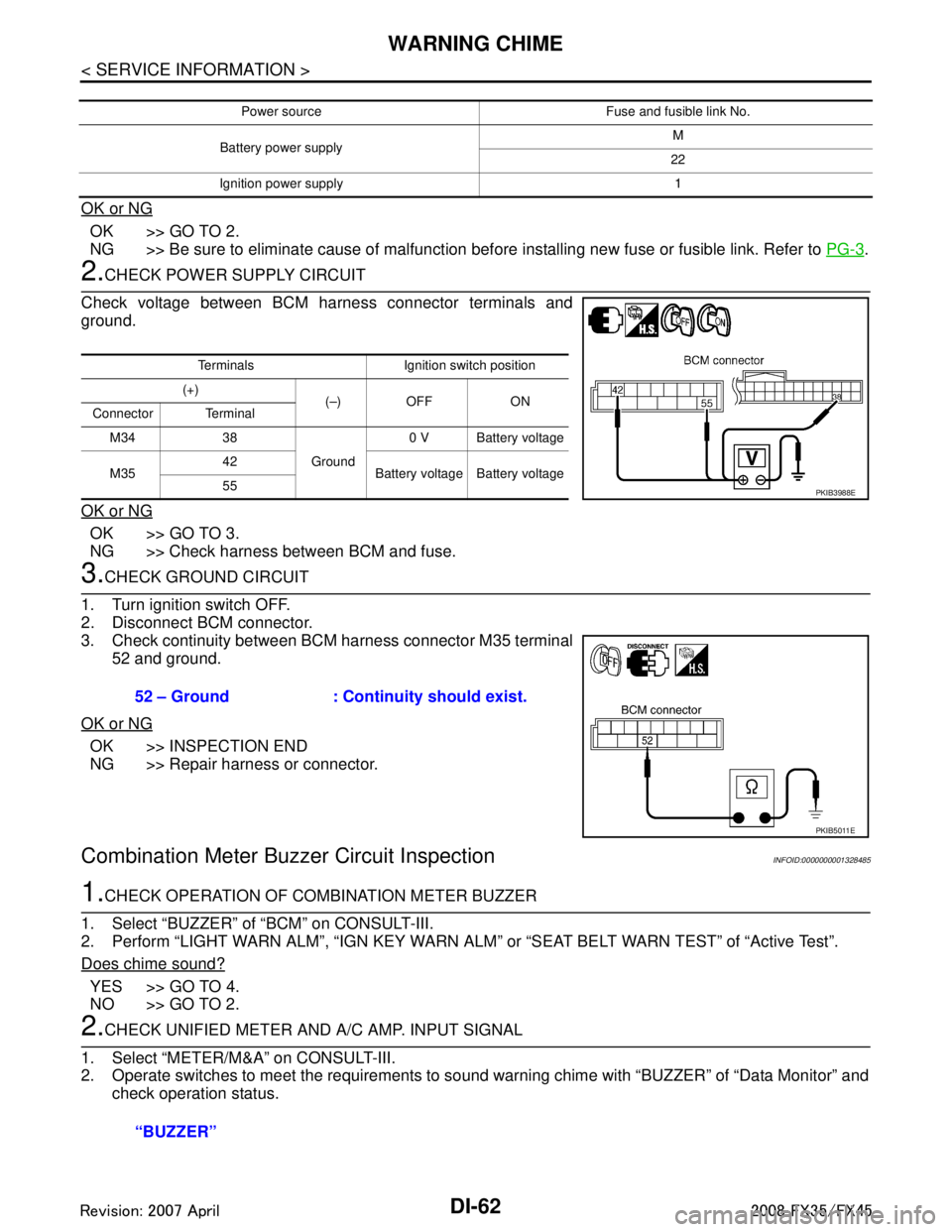 INFINITI FX35 2008 Service Manual
DI-62
< SERVICE INFORMATION >
WARNING CHIME
OK or NG
OK >> GO TO 2.
NG >> Be sure to eliminate cause of malfunction before installing new fuse or fusible link. Refer to PG-3
.
2.CHECK POWER SUPPLY CI INFINITI FX35 2008 Service Manual
DI-62
< SERVICE INFORMATION >
WARNING CHIME
OK or NG
OK >> GO TO 2.
NG >> Be sure to eliminate cause of malfunction before installing new fuse or fusible link. Refer to PG-3
.
2.CHECK POWER SUPPLY CI