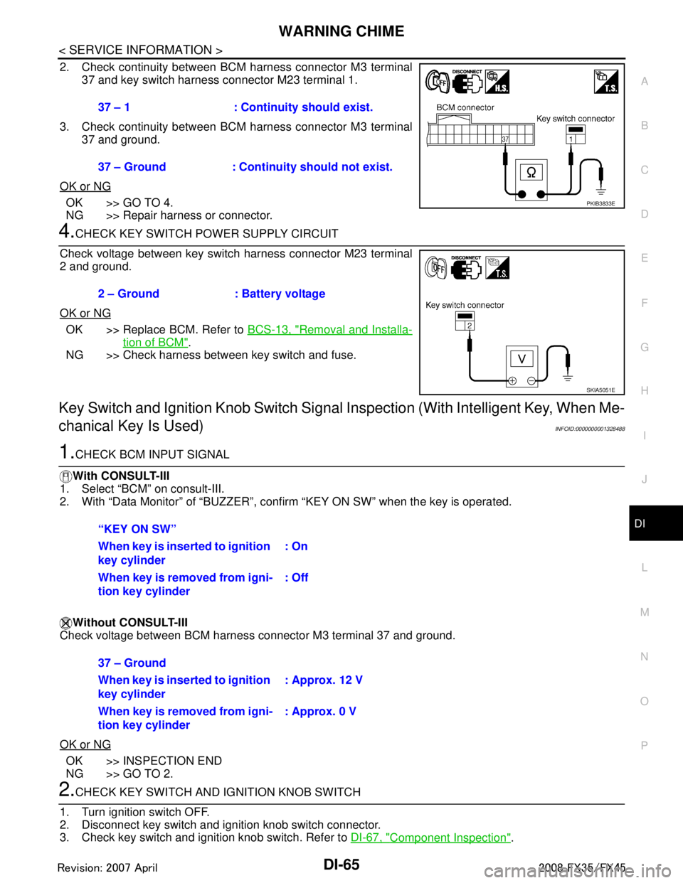 INFINITI FX35 2008 Service Manual
WARNING CHIMEDI-65
< SERVICE INFORMATION >
C
DE
F
G H
I
J
L
M A
B
DI
N
O P
2. Check continuity between BCM harness connector M3 terminal 37 and key switch harness connector M23 terminal 1.
3. Check c INFINITI FX35 2008 Service Manual
WARNING CHIMEDI-65
< SERVICE INFORMATION >
C
DE
F
G H
I
J
L
M A
B
DI
N
O P
2. Check continuity between BCM harness connector M3 terminal 37 and key switch harness connector M23 terminal 1.
3. Check c