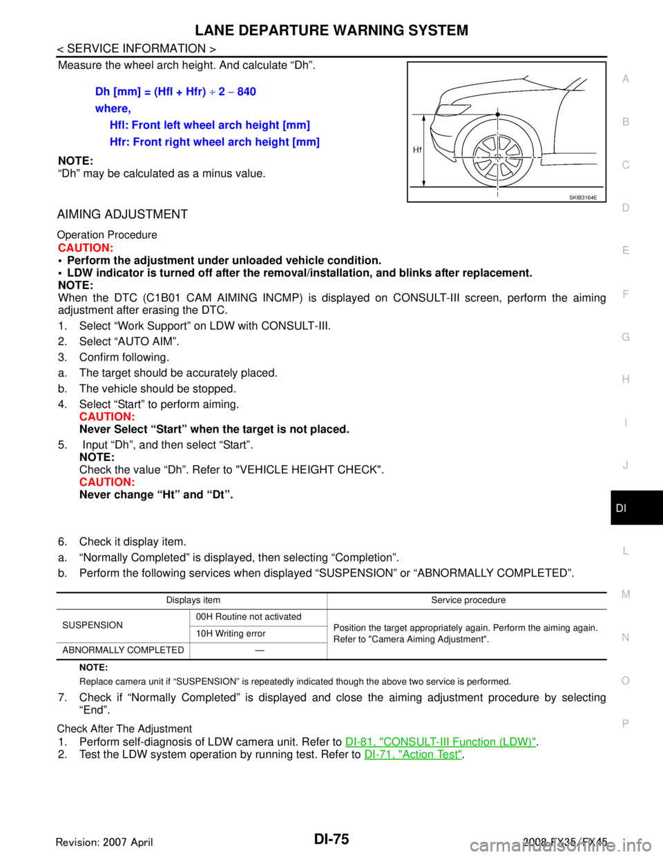 INFINITI FX35 2008  Service Manual 
LANE DEPARTURE WARNING SYSTEMDI-75
< SERVICE INFORMATION >
C
DE
F
G H
I
J
L
M A
B
DI
N
O P
Measure the wheel arch height. And calculate “Dh”.
NOTE:
“Dh” may be calculated as a minus value.
AI