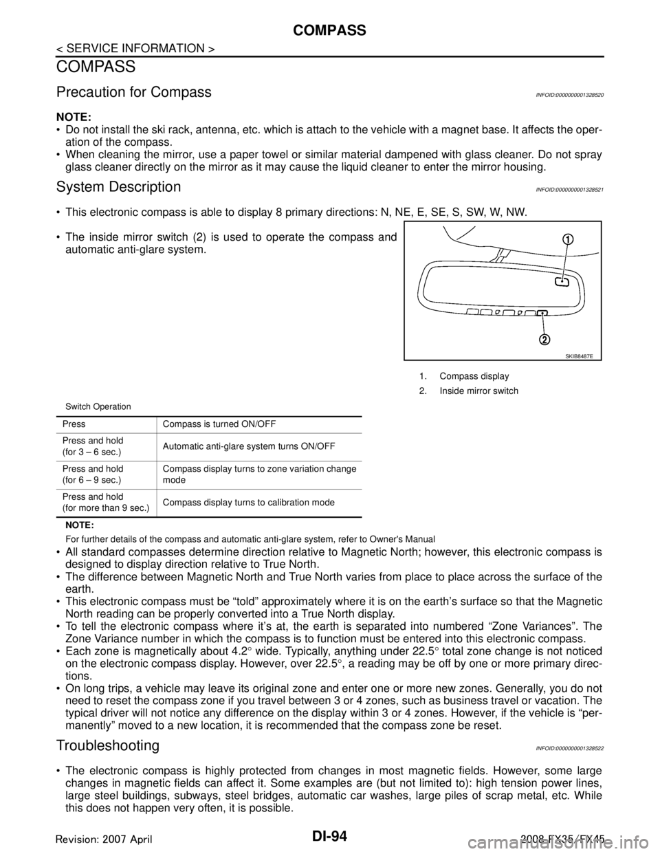 INFINITI FX35 2008  Service Manual 
DI-94
< SERVICE INFORMATION >
COMPASS
COMPASS
Precaution for CompassINFOID:0000000001328520
NOTE:
 Do not install the ski rack, antenna, etc. which is attach to the vehicle with a magnet base. It af