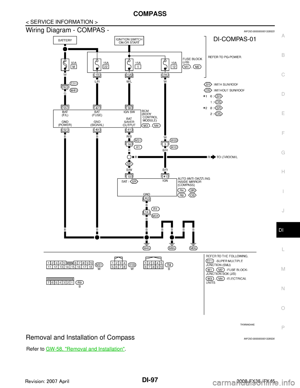 INFINITI FX35 2008  Service Manual 
COMPASSDI-97
< SERVICE INFORMATION >
C
DE
F
G H
I
J
L
M A
B
DI
N
O P
Wiring Diagram - COMPAS -INFOID:0000000001328525
Removal and Installation of CompassINFOID:0000000001328526
Refer to  GW-58, "Remo