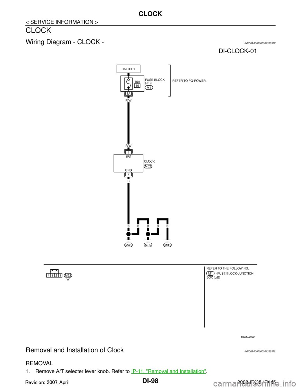INFINITI FX35 2008  Service Manual 
DI-98
< SERVICE INFORMATION >
CLOCK
CLOCK
Wiring Diagram - CLOCK -INFOID:0000000001328527
Removal and Installation of ClockINFOID:0000000001328528
REMOVAL
1. Remove A/T selecter lever knob. Refer to 