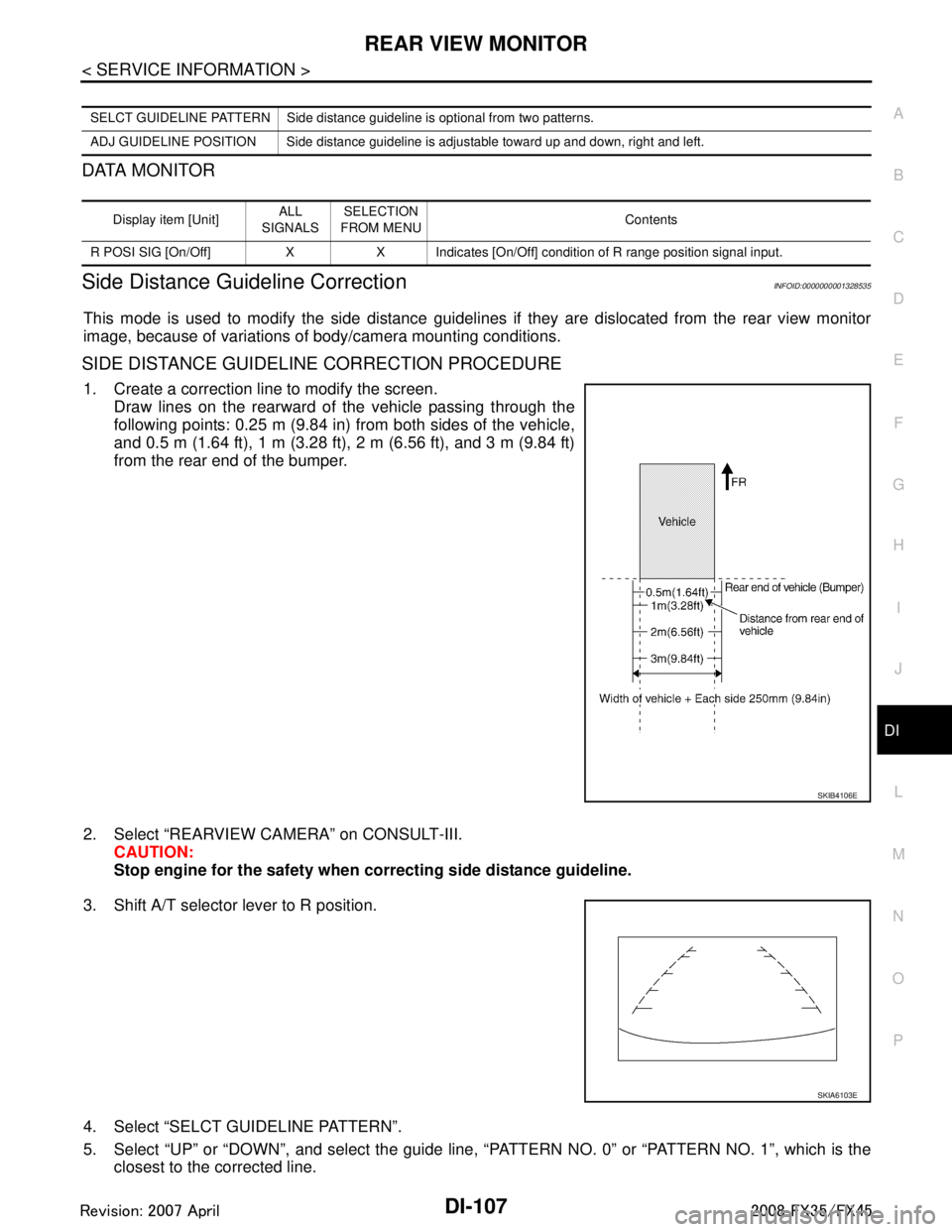 INFINITI FX35 2008 Service Manual
REAR VIEW MONITORDI-107
< SERVICE INFORMATION >
C
DE
F
G H
I
J
L
M A
B
DI
N
O P
DATA MONITOR
Side Distance Guideline CorrectionINFOID:0000000001328535
This mode is used to modify the side distance gu INFINITI FX35 2008 Service Manual
REAR VIEW MONITORDI-107
< SERVICE INFORMATION >
C
DE
F
G H
I
J
L
M A
B
DI
N
O P
DATA MONITOR
Side Distance Guideline CorrectionINFOID:0000000001328535
This mode is used to modify the side distance gu