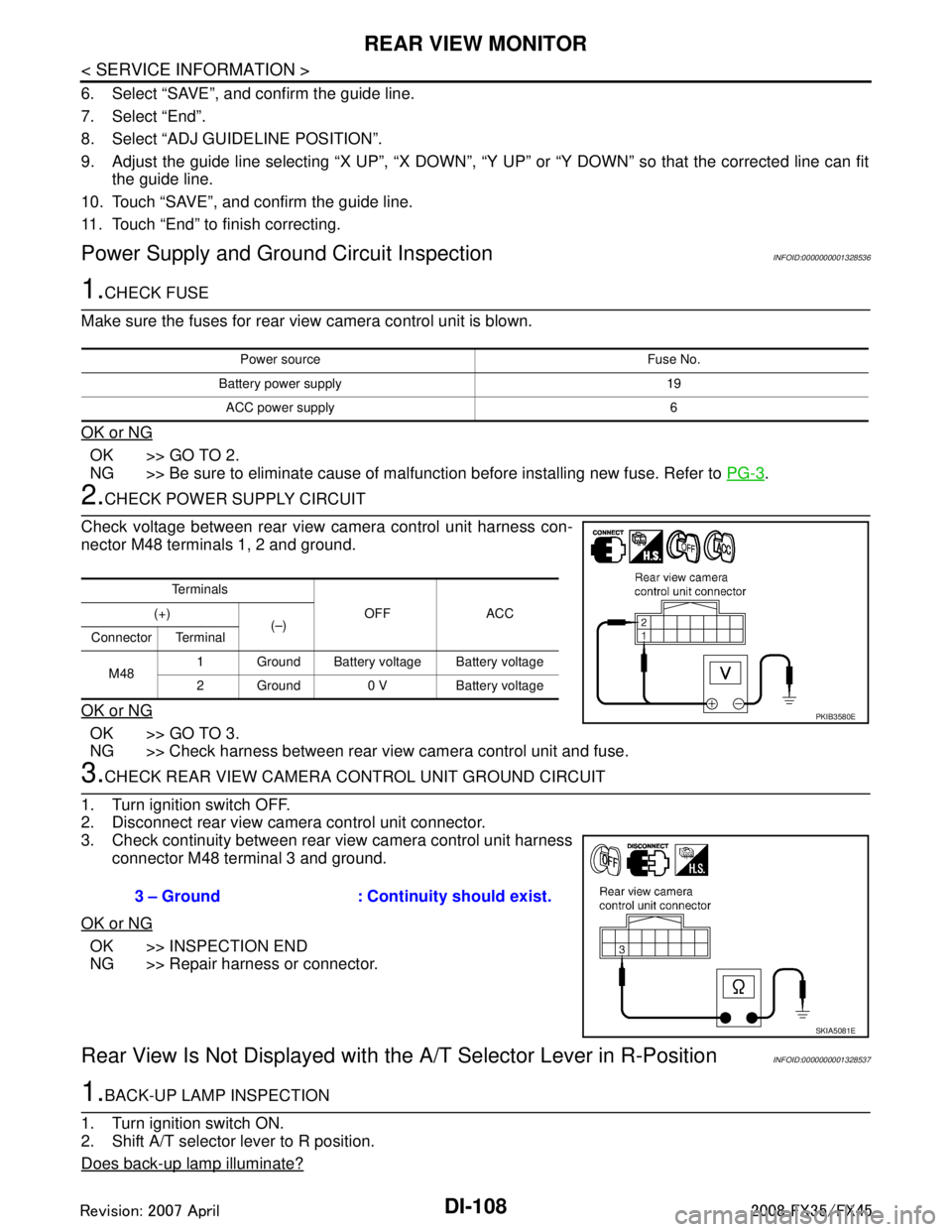 INFINITI FX35 2008 Service Manual
DI-108
< SERVICE INFORMATION >
REAR VIEW MONITOR
6. Select “SAVE”, and confirm the guide line.
7. Select “End”.
8. Select “ADJ GUIDELINE POSITION”.
9. Adjust the guide line selecting “X INFINITI FX35 2008 Service Manual
DI-108
< SERVICE INFORMATION >
REAR VIEW MONITOR
6. Select “SAVE”, and confirm the guide line.
7. Select “End”.
8. Select “ADJ GUIDELINE POSITION”.
9. Adjust the guide line selecting “X