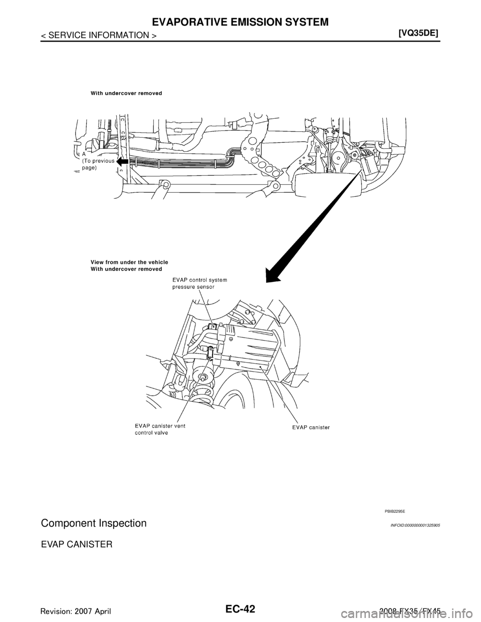 INFINITI FX35 2008  Service Manual 
EC-42
< SERVICE INFORMATION >[VQ35DE]
EVAPORATIVE EMISSION SYSTEM
Component Inspection
INFOID:0000000001325905
EVAP CANISTER
PBIB2295E
3AA93ABC3ACD3AC03ACA3AC03AC63AC53A913A773A893A873A873A8E3A773A98
