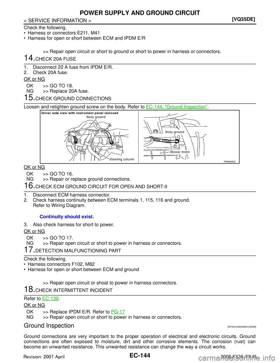 INFINITI FX35 2008  Service Manual 
EC-144
< SERVICE INFORMATION >[VQ35DE]
POWER SUPPLY AND GROUND CIRCUIT
Check the following.
 Harness or connectors E211, M41
 Harness for open or short between ECM and IPDM E/R
>> Repair open circu