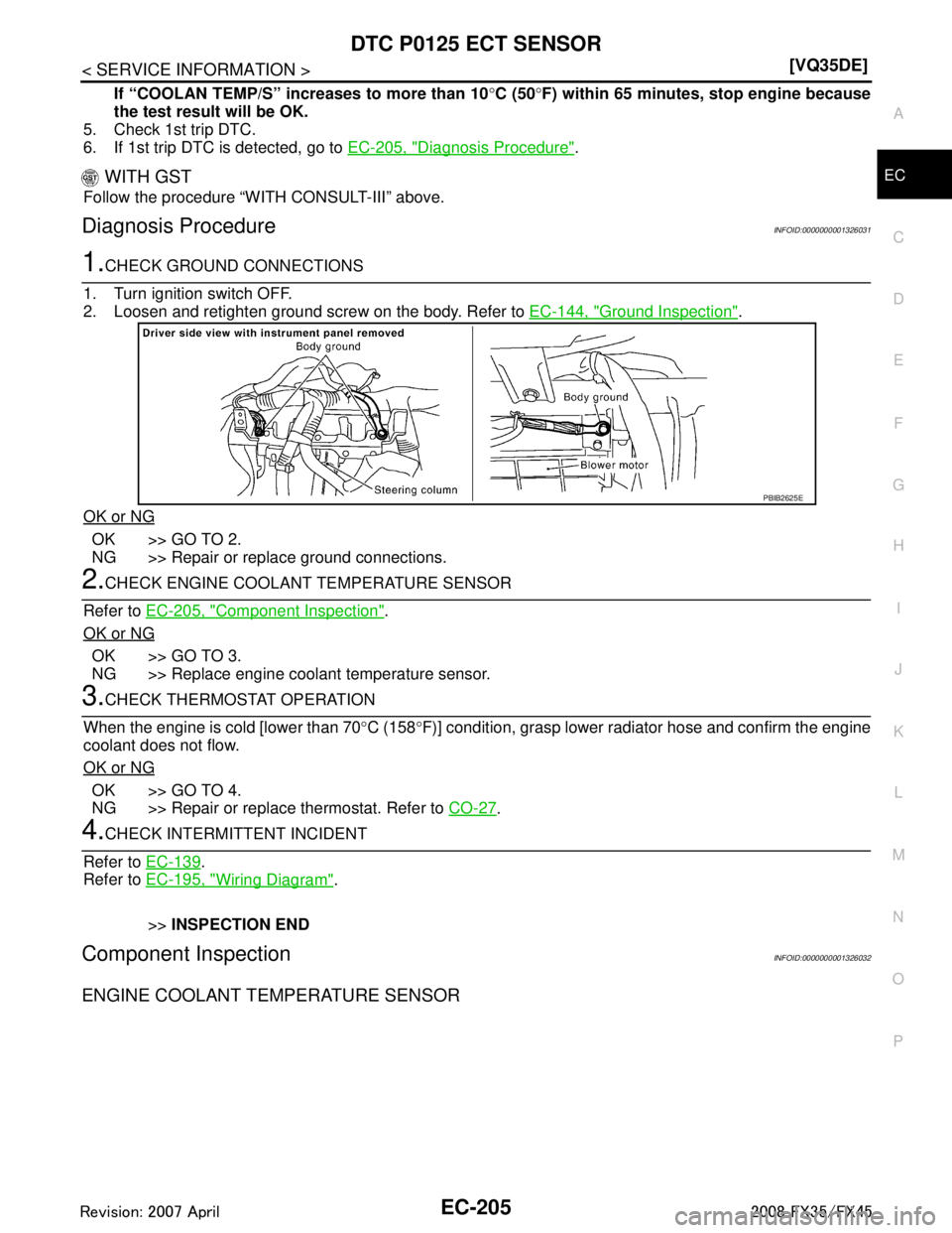 INFINITI FX35 2008  Service Manual 
DTC P0125 ECT SENSOREC-205
< SERVICE INFORMATION > [VQ35DE]
C
D
E
F
G H
I
J
K L
M A
EC
NP
O
If “COOLAN TEMP/S” increases to more than 10
°C (50 °F) within 65 minutes, stop engine because
the te