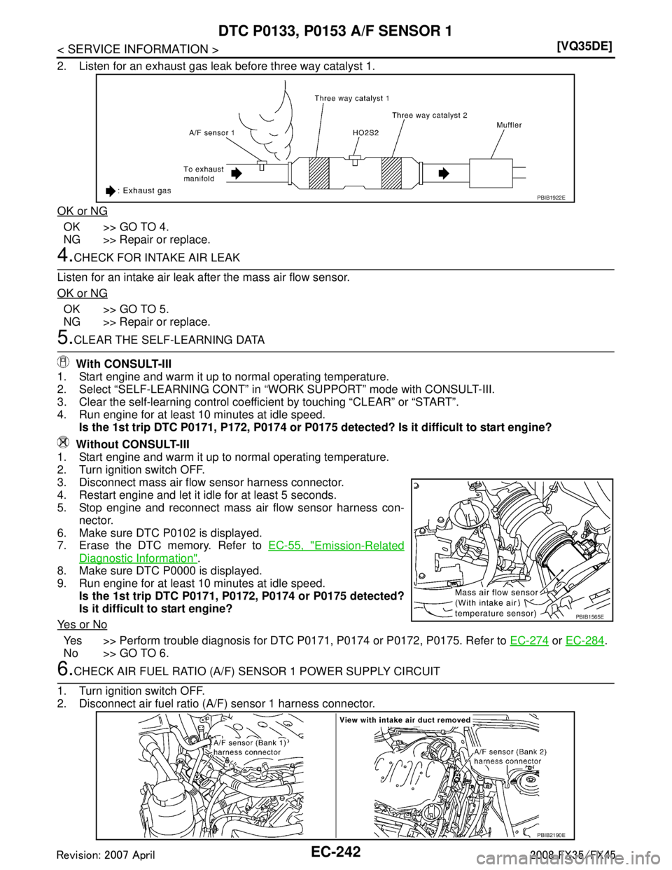 INFINITI FX35 2008  Service Manual 
EC-242
< SERVICE INFORMATION >[VQ35DE]
DTC P0133, P0153 
A/F SENSOR 1
2. Listen for an exhaust gas leak before three way catalyst 1.
OK or NG
OK >> GO TO 4.
NG >> Repair or replace.
4.CHECK FOR INTAK