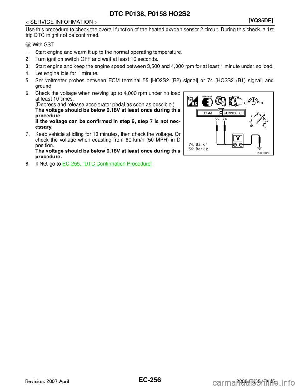 INFINITI FX35 2008  Service Manual 
EC-256
< SERVICE INFORMATION >[VQ35DE]
DTC P0138, P0158 HO2S2
Use this procedure to check the overall function of the 
heated oxygen sensor 2 circuit. During this check, a 1st
trip DTC might not be c