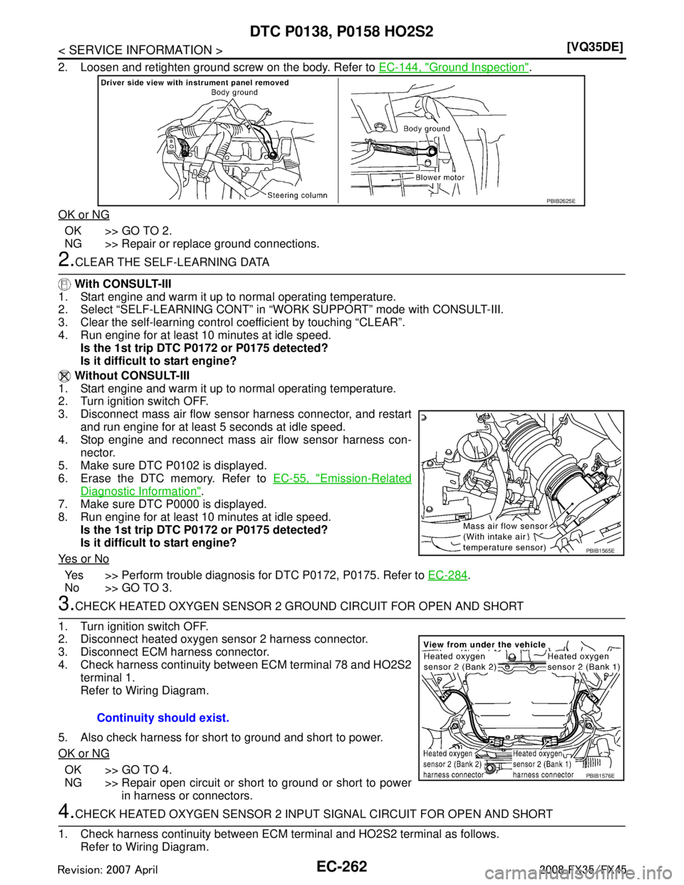 INFINITI FX35 2008  Service Manual 
EC-262
< SERVICE INFORMATION >[VQ35DE]
DTC P0138, P0158 HO2S2
2. Loosen and retighten ground screw on the body. Refer to 
EC-144, "Ground Inspection".
OK or NG
OK >> GO TO 2.
NG >> Repair or replace 