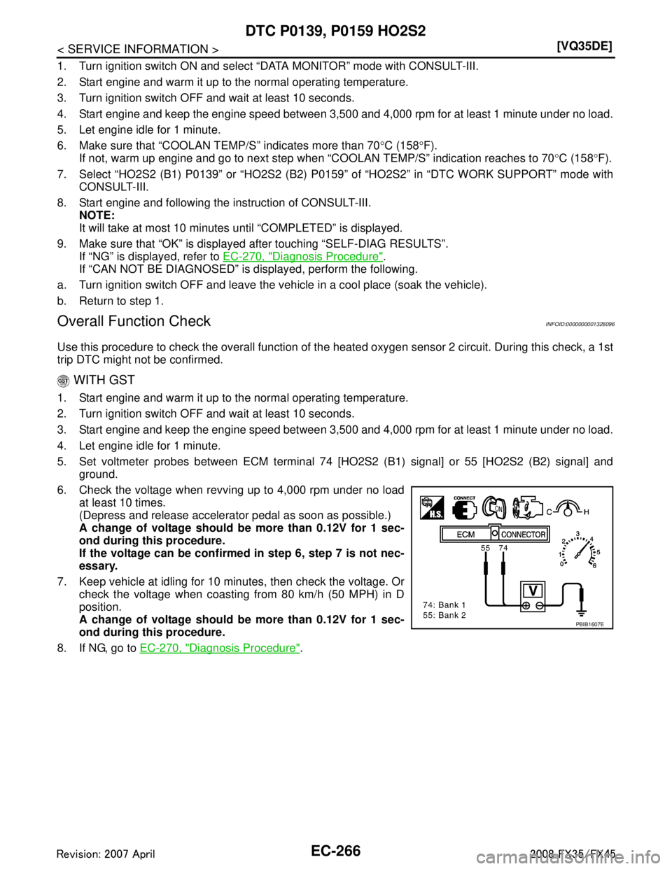 INFINITI FX35 2008  Service Manual 
EC-266
< SERVICE INFORMATION >[VQ35DE]
DTC P0139, P0159 HO2S2
1. Turn ignition switch ON and select “DATA MONITOR” mode with CONSULT-III.
2. Start engine and warm it up to the normal operating te