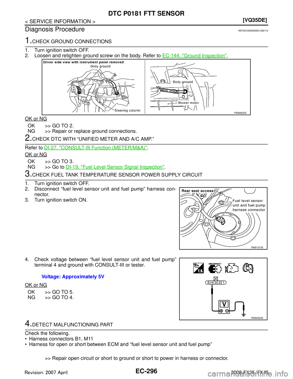 INFINITI FX35 2008  Service Manual 
EC-296
< SERVICE INFORMATION >[VQ35DE]
DTC P0181 FTT SENSOR
Diagnosis Procedure
INFOID:0000000001326113
1.CHECK GROUND CONNECTIONS
1. Turn ignition switch OFF.
2. Loosen and retighten ground screw on