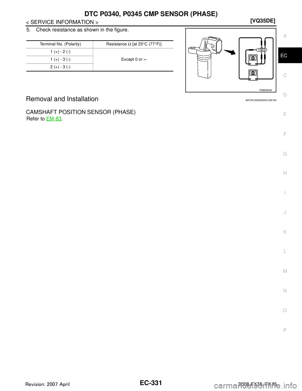 INFINITI FX35 2008  Service Manual 
DTC P0340, P0345 CMP SENSOR (PHASE)EC-331
< SERVICE INFORMATION > [VQ35DE]
C
D
E
F
G H
I
J
K L
M A
EC
NP
O
5. Check resistance as shown in the figure.
Removal and InstallationINFOID:0000000001326156
