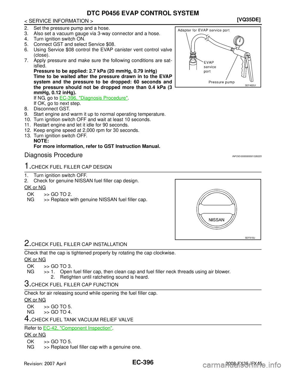 INFINITI FX35 2008  Service Manual 
EC-396
< SERVICE INFORMATION >[VQ35DE]
DTC P0456 EVAP CONTROL SYSTEM
2. Set the pressure pump and a hose.
3. Also set a vacuum gauge via 3-way connector and a hose.
4. Turn ignition switch ON.
5. Con