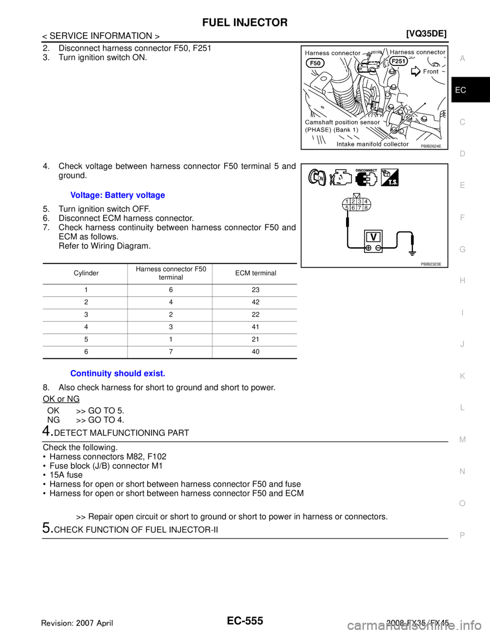 INFINITI FX35 2008  Service Manual 
FUEL INJECTOREC-555
< SERVICE INFORMATION > [VQ35DE]
C
D
E
F
G H
I
J
K L
M A
EC
NP
O
2. Disconnect harness connector F50, F251
3. Turn ignition switch ON.
4. Check voltage between harness connector F