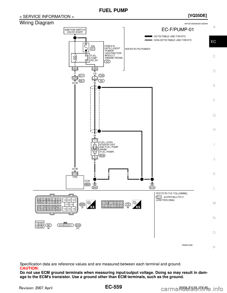 INFINITI FX35 2008  Service Manual 
FUEL PUMPEC-559
< SERVICE INFORMATION > [VQ35DE]
C
D
E
F
G H
I
J
K L
M A
EC
NP
O
Wiring DiagramINFOID:0000000001326446
Specification data are reference values 
and are measured between each terminal 