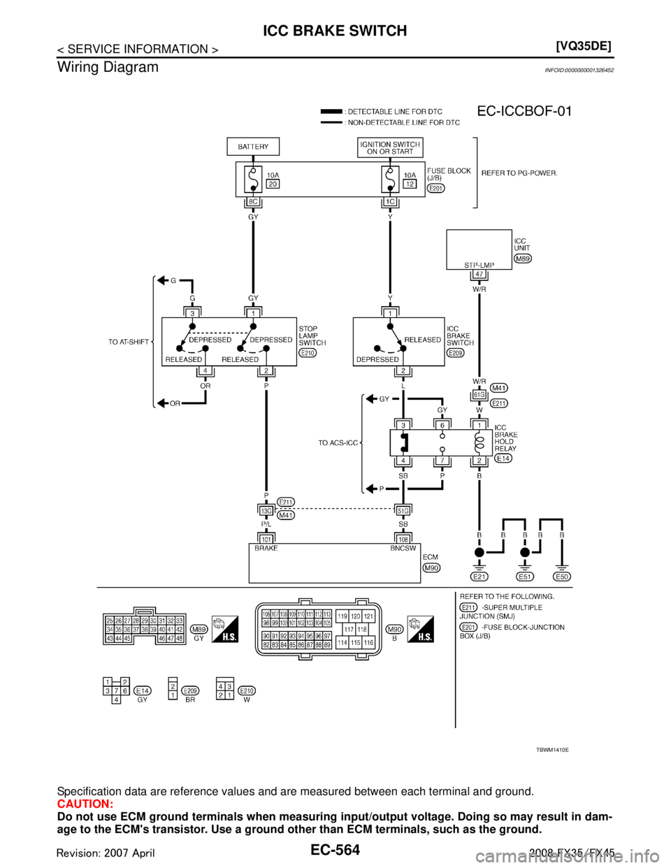 INFINITI FX35 2008  Service Manual 
EC-564
< SERVICE INFORMATION >[VQ35DE]
ICC BRAKE SWITCH
Wiring Diagram
INFOID:0000000001326452
Specification data are reference values and are measured between each terminal and ground.
CAUTION:
Do n