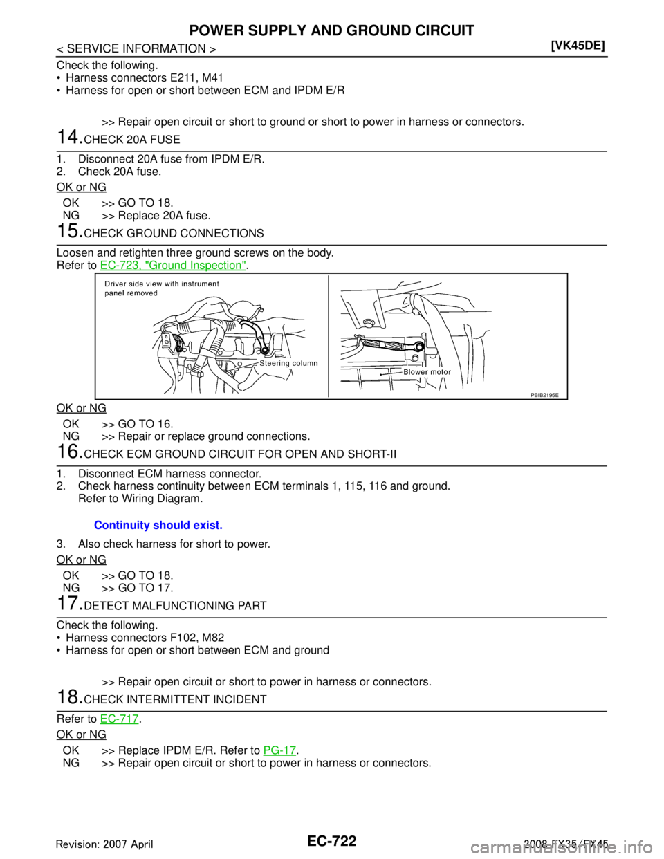INFINITI FX35 2008  Service Manual 
EC-722
< SERVICE INFORMATION >[VK45DE]
POWER SUPPLY AND GROUND CIRCUIT
Check the following.
 Harness connectors E211, M41
 Harness for open or short between ECM and IPDM E/R
>> Repair open circuit 