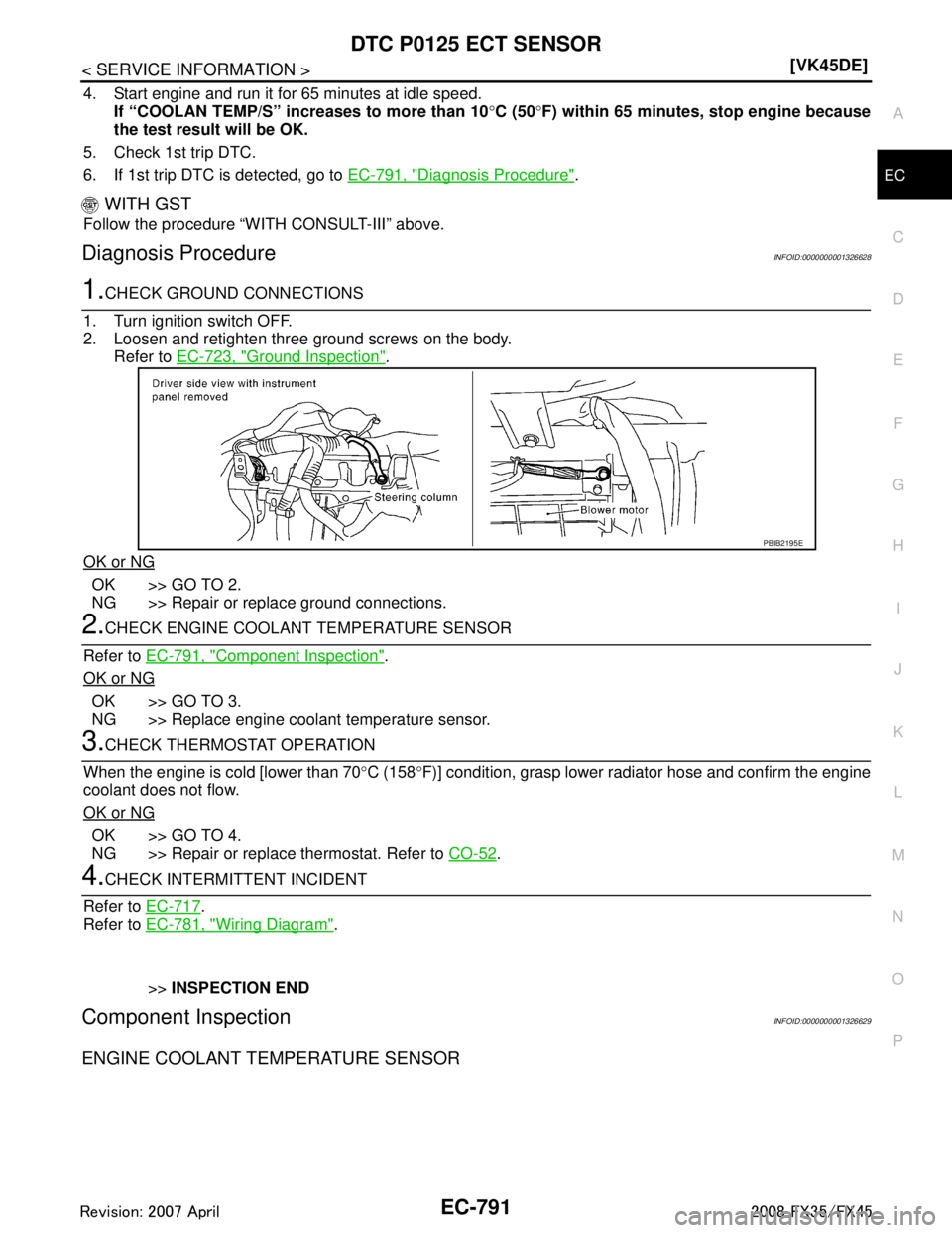 INFINITI FX35 2008  Service Manual 
DTC P0125 ECT SENSOREC-791
< SERVICE INFORMATION > [VK45DE]
C
D
E
F
G H
I
J
K L
M A
EC
NP
O
4. Start engine and run it for 65 minutes at idle speed.
If “COOLAN TEMP/S” increases to more than 10 