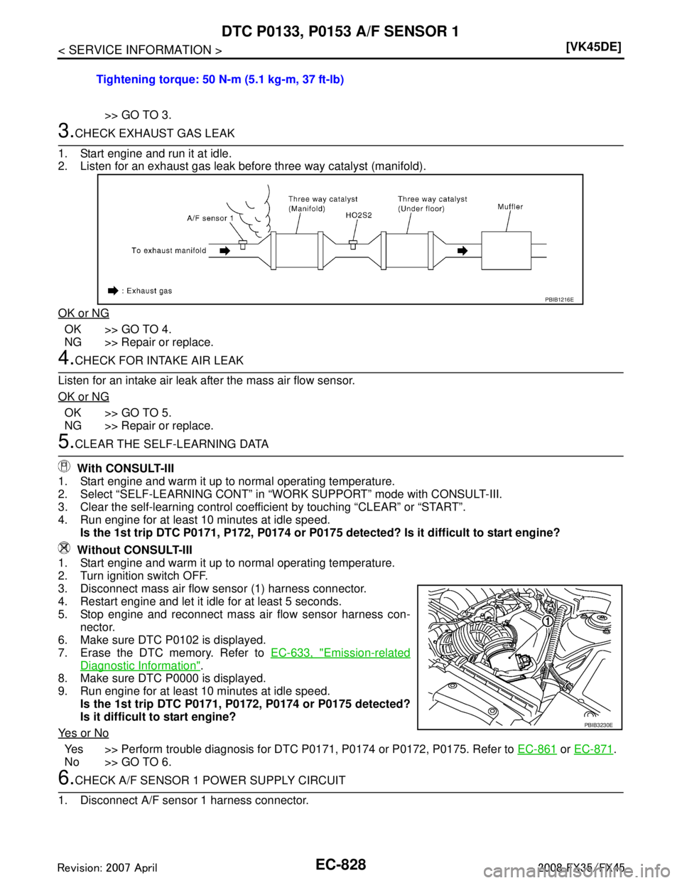 INFINITI FX35 2008  Service Manual 
EC-828
< SERVICE INFORMATION >[VK45DE]
DTC P0133, P0153 
A/F SENSOR 1
>> GO TO 3.
3.CHECK EXHAUST GAS LEAK
1. Start engine and run it at idle.
2. Listen for an exhaust gas leak before three way catal