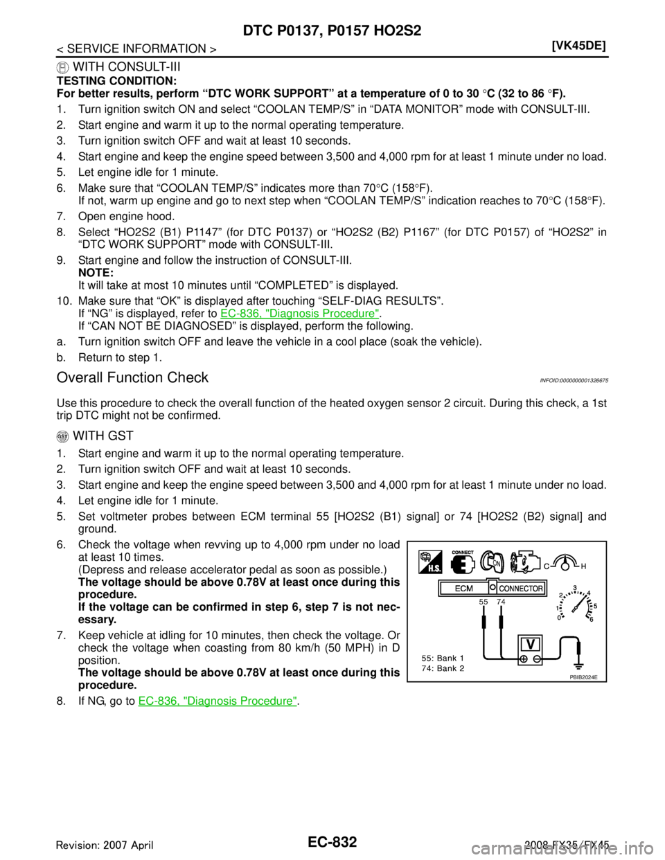 INFINITI FX35 2008  Service Manual 
EC-832
< SERVICE INFORMATION >[VK45DE]
DTC P0137, P0157 HO2S2
 WITH CONSULT-III
TESTING CONDITION:
For better results, perform “DTC WORK SU
PPORT” at a temperature of 0 to 30 °C (32 to 86  °F).