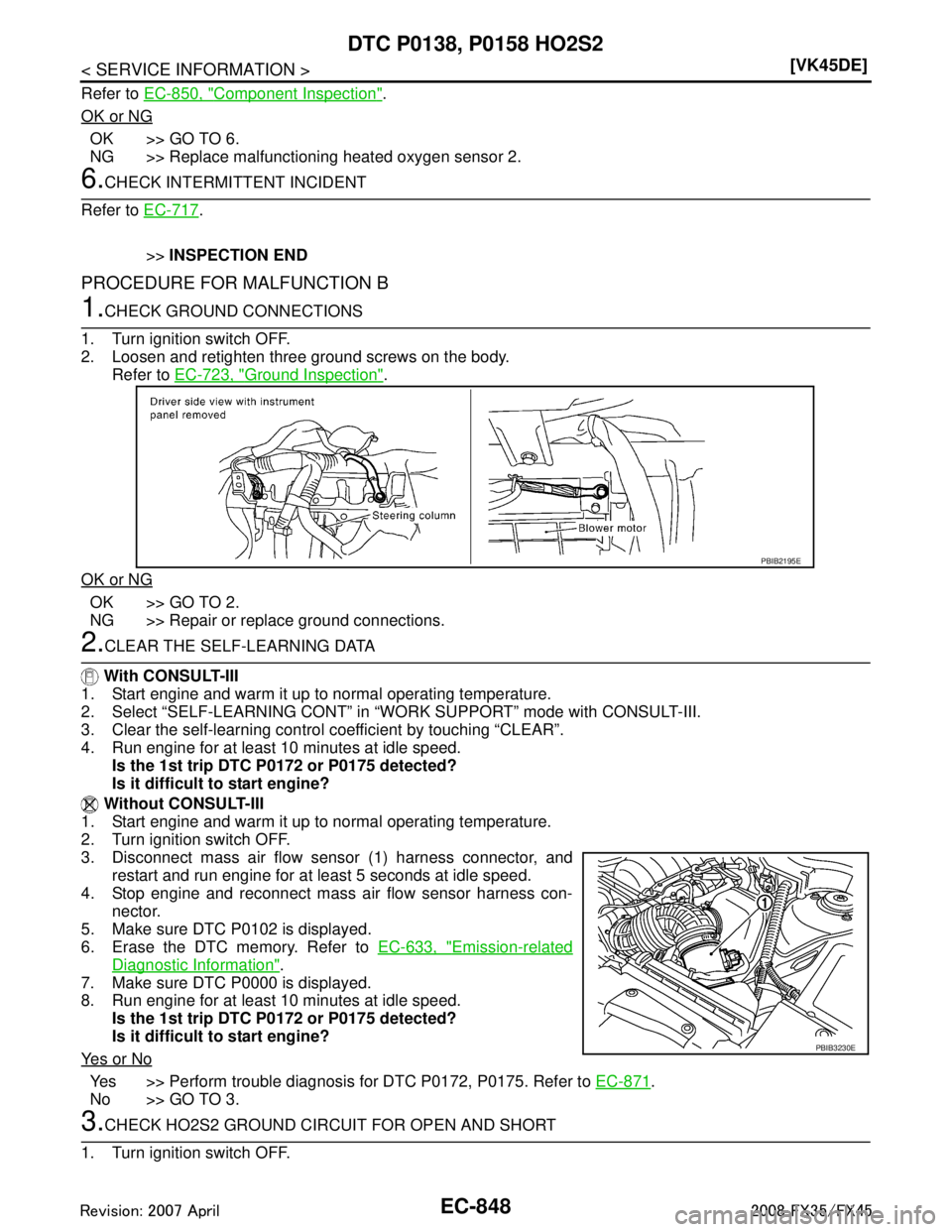 INFINITI FX35 2008  Service Manual 
EC-848
< SERVICE INFORMATION >[VK45DE]
DTC P0138, P0158 HO2S2
Refer to 
EC-850, "Component Inspection".
OK or NG
OK >> GO TO 6.
NG >> Replace malfunctioning heated oxygen sensor 2.
6.CHECK INTERMITTE