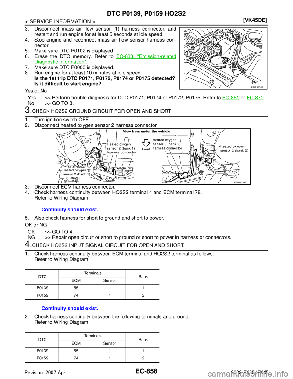 INFINITI FX35 2008  Service Manual 
EC-858
< SERVICE INFORMATION >[VK45DE]
DTC P0139, P0159 HO2S2
3. Disconnect mass air flow sensor (1) harness connector, and
restart and run engine for at least 5 seconds at idle speed.
4. Stop engine