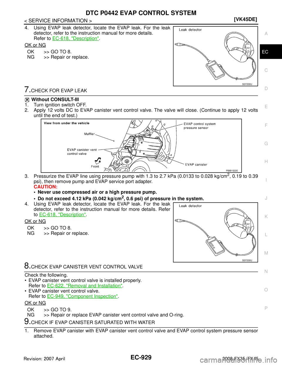 INFINITI FX35 2008  Service Manual 
DTC P0442 EVAP CONTROL SYSTEMEC-929
< SERVICE INFORMATION > [VK45DE]
C
D
E
F
G H
I
J
K L
M A
EC
NP
O
4. Using EVAP leak detector, locate the EVAP leak. For the leak
detector, refer to the instruction