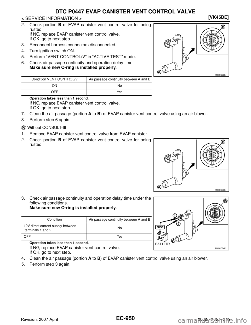 INFINITI FX35 2008  Service Manual 
EC-950
< SERVICE INFORMATION >[VK45DE]
DTC P0447 EVAP CANISTER VENT CONTROL VALVE
2. Check portion 
B of EVAP canister vent control valve for being
rusted.
If NG, replace EVAP canister vent control v