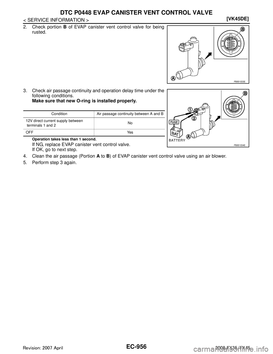 INFINITI FX35 2008  Service Manual 
EC-956
< SERVICE INFORMATION >[VK45DE]
DTC P0448 EVAP CANISTER VENT CONTROL VALVE
2. Check portion 
B of EVAP canister vent control valve for being
rusted.
3. Check air passage continuity and operati