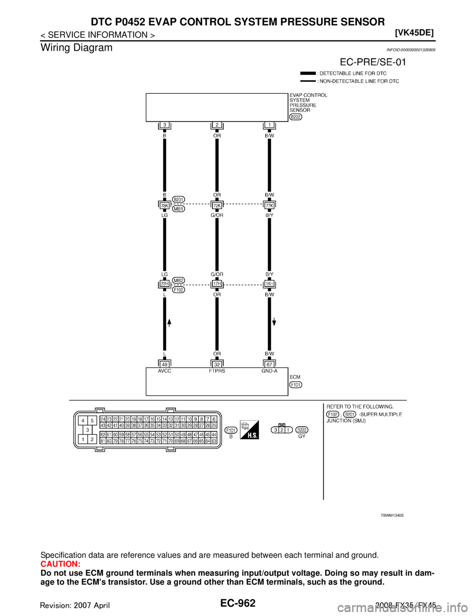 INFINITI FX35 2008  Service Manual 
EC-962
< SERVICE INFORMATION >[VK45DE]
DTC P0452 EVAP CONTROL 
SYSTEM PRESSURE SENSOR
Wiring Diagram
INFOID:0000000001326806
Specification data are reference values and are measured between each term