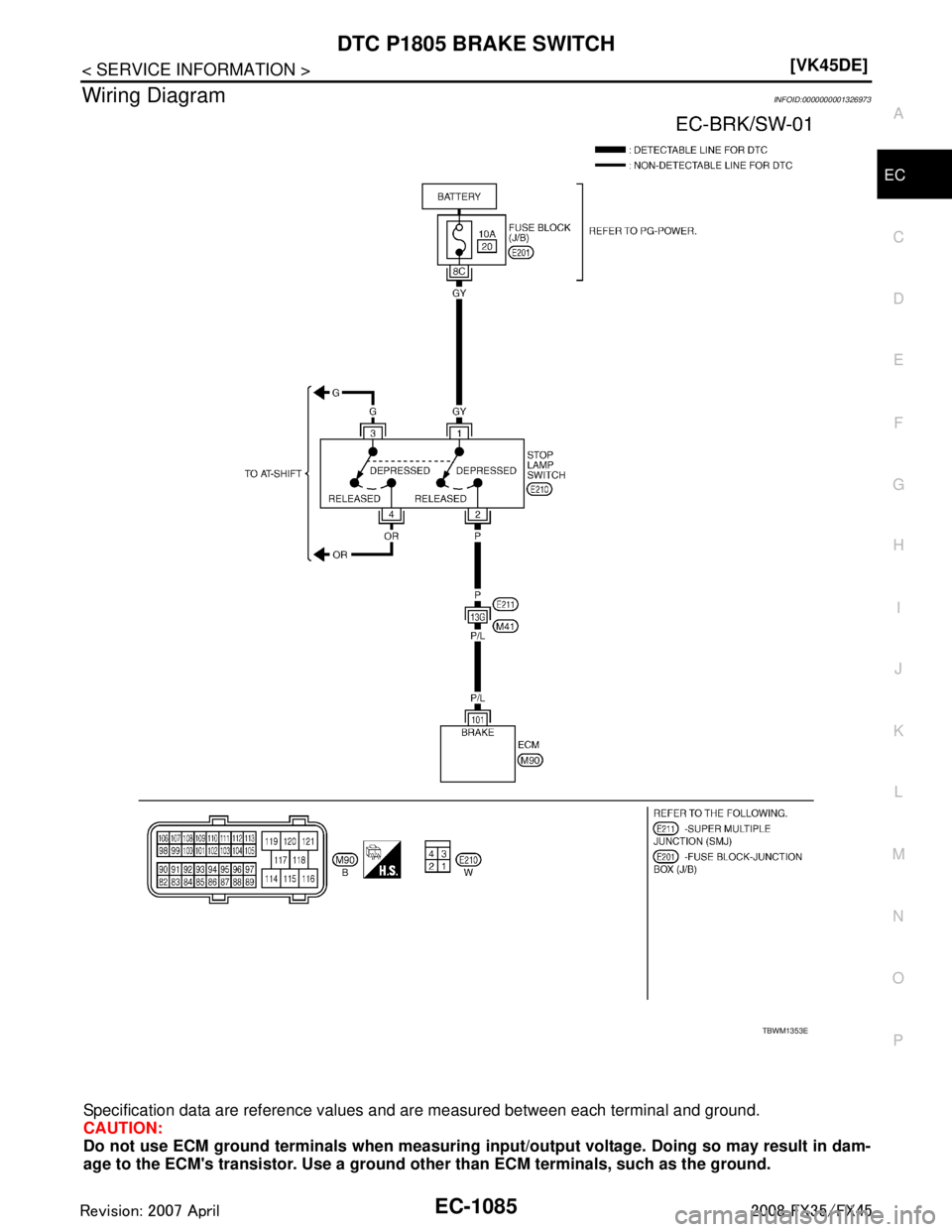 INFINITI FX35 2008  Service Manual 
DTC P1805 BRAKE SWITCHEC-1085
< SERVICE INFORMATION > [VK45DE]
C
D
E
F
G H
I
J
K L
M A
EC
NP
O
Wiring DiagramINFOID:0000000001326973
Specification data are reference values 
and are measured between 