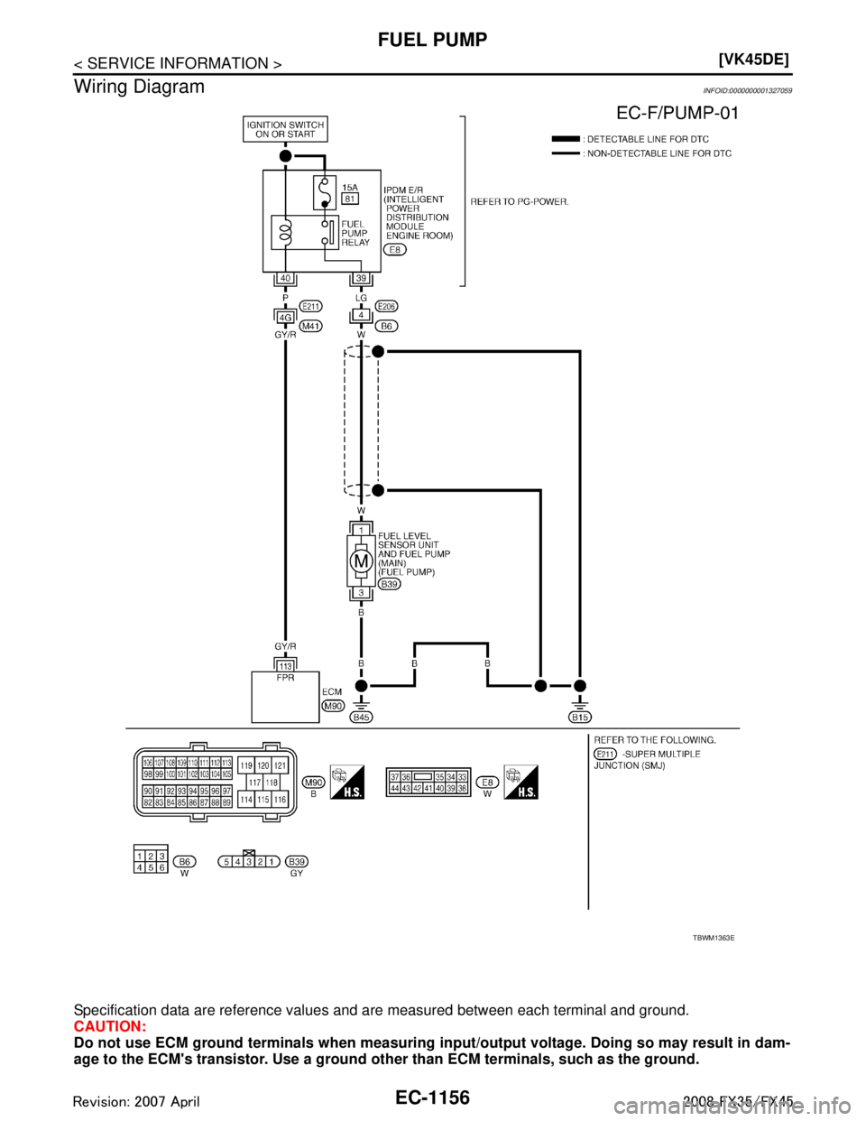 INFINITI FX35 2008  Service Manual 
EC-1156
< SERVICE INFORMATION >[VK45DE]
FUEL PUMP
Wiring Diagram
INFOID:0000000001327059
Specification data are reference values and are measured between each terminal and ground.
CAUTION:
Do not use