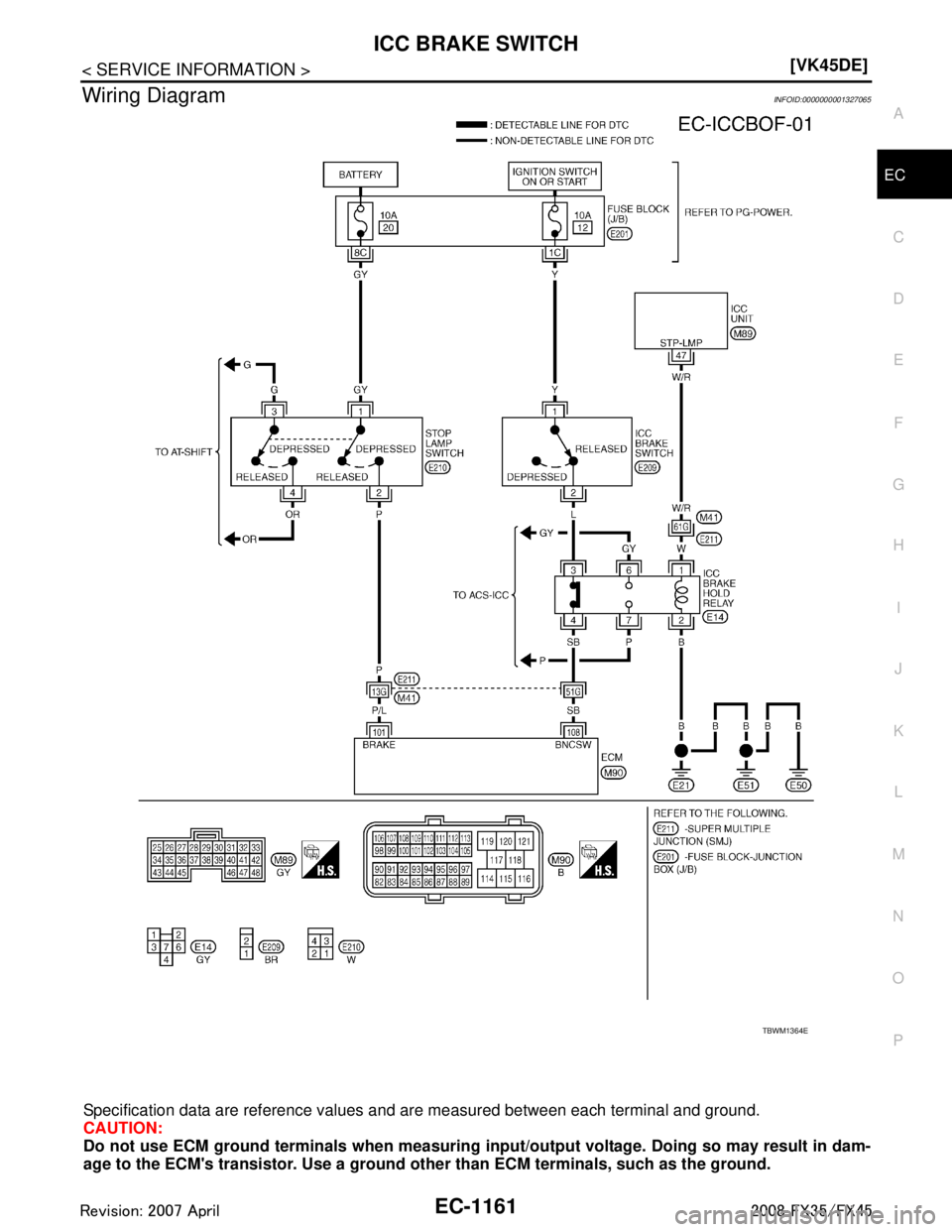 INFINITI FX35 2008  Service Manual 
ICC BRAKE SWITCHEC-1161
< SERVICE INFORMATION > [VK45DE]
C
D
E
F
G H
I
J
K L
M A
EC
NP
O
Wiring DiagramINFOID:0000000001327065
Specification data are reference values 
and are measured between each t
