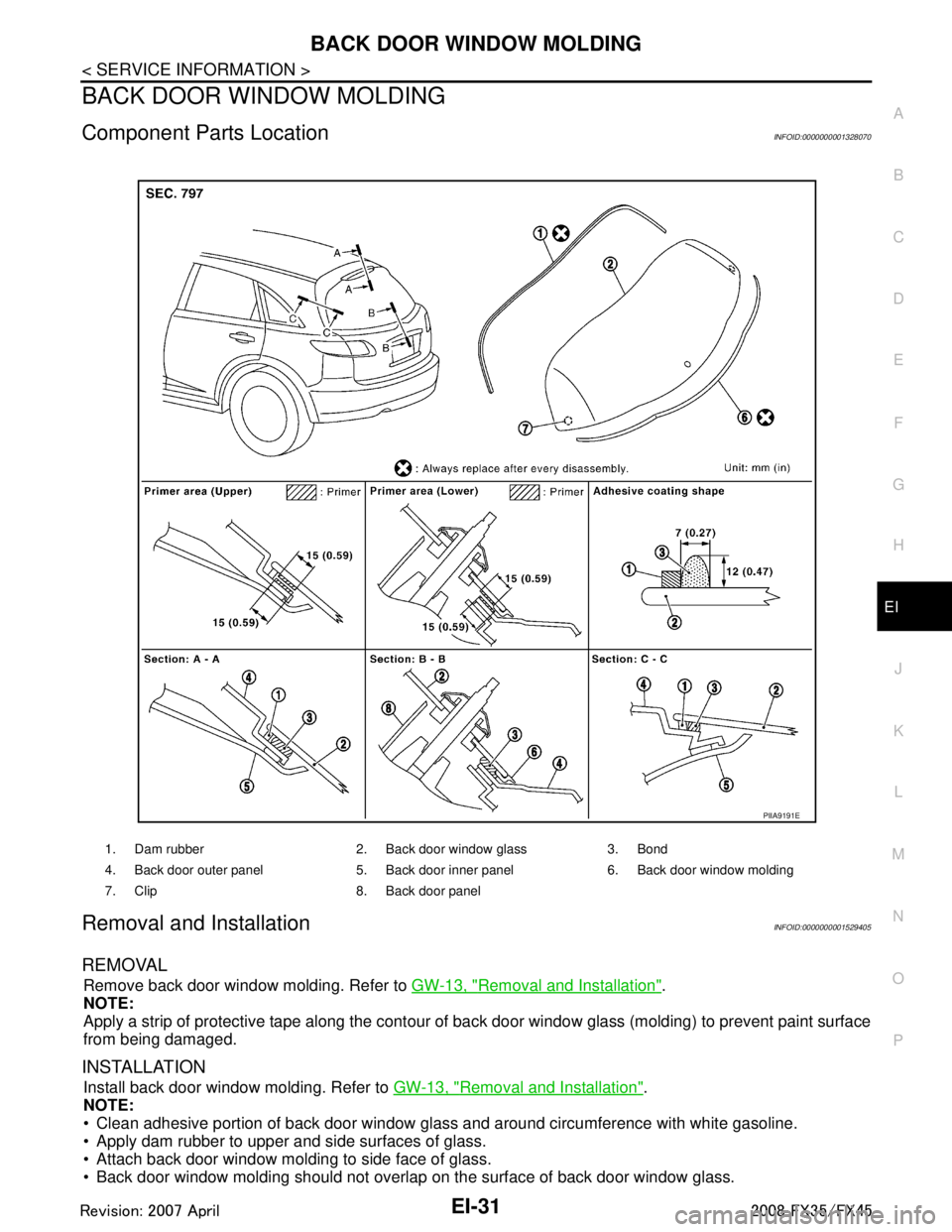 INFINITI FX35 2008 Service Manual
BACK DOOR WINDOW MOLDINGEI-31
< SERVICE INFORMATION >
C
DE
F
G H
J
K L
M A
B
EI
N
O P
BACK DOOR WINDOW MOLDING
Component Parts LocationINFOID:0000000001328070
Removal and InstallationINFOID:000000000 INFINITI FX35 2008 Service Manual
BACK DOOR WINDOW MOLDINGEI-31
< SERVICE INFORMATION >
C
DE
F
G H
J
K L
M A
B
EI
N
O P
BACK DOOR WINDOW MOLDING
Component Parts LocationINFOID:0000000001328070
Removal and InstallationINFOID:000000000