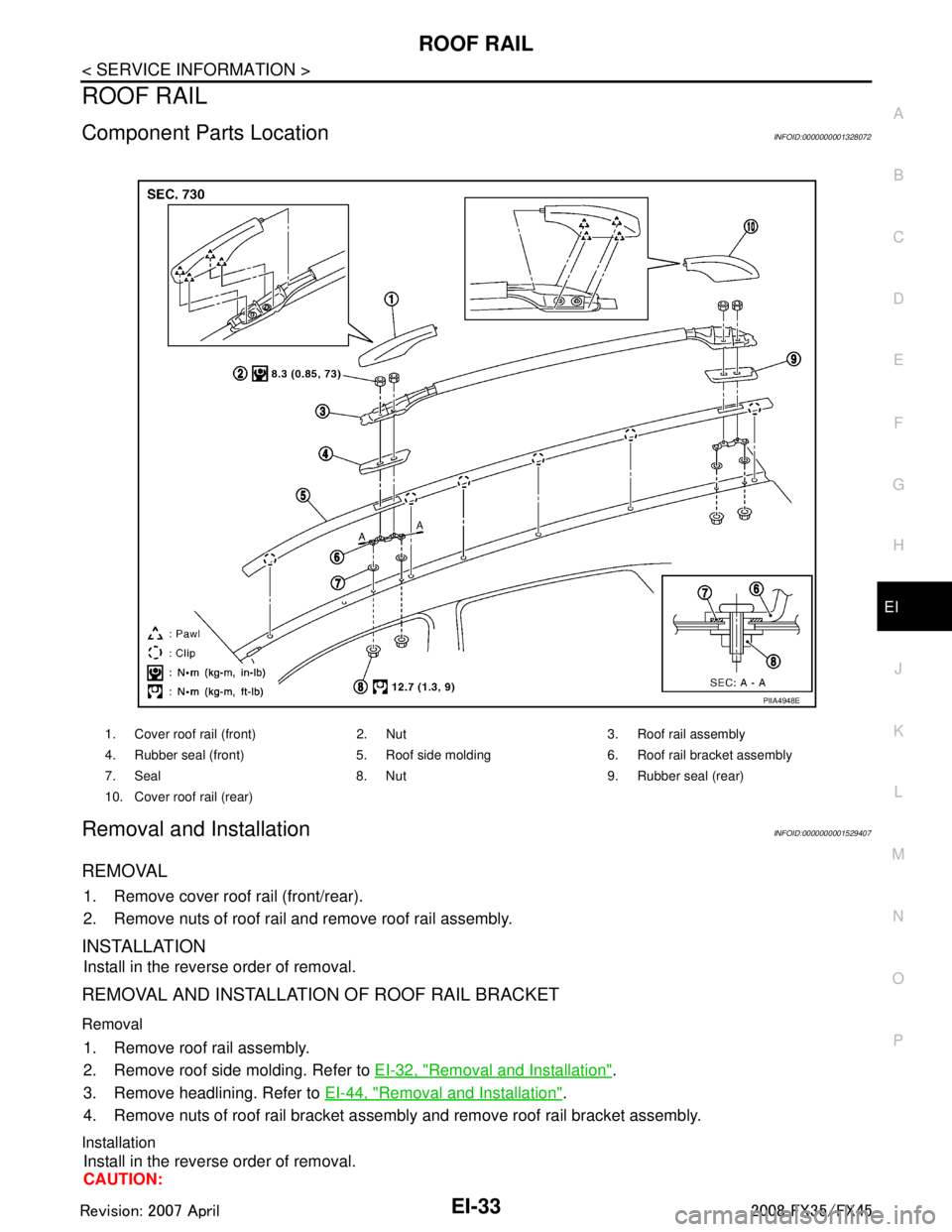 INFINITI FX35 2008 Service Manual
ROOF RAILEI-33
< SERVICE INFORMATION >
C
DE
F
G H
J
K L
M A
B
EI
N
O P
ROOF RAIL
Component Parts LocationINFOID:0000000001328072
Removal and InstallationINFOID:0000000001529407
REMOVAL
1. Remove cove INFINITI FX35 2008 Service Manual
ROOF RAILEI-33
< SERVICE INFORMATION >
C
DE
F
G H
J
K L
M A
B
EI
N
O P
ROOF RAIL
Component Parts LocationINFOID:0000000001328072
Removal and InstallationINFOID:0000000001529407
REMOVAL
1. Remove cove
