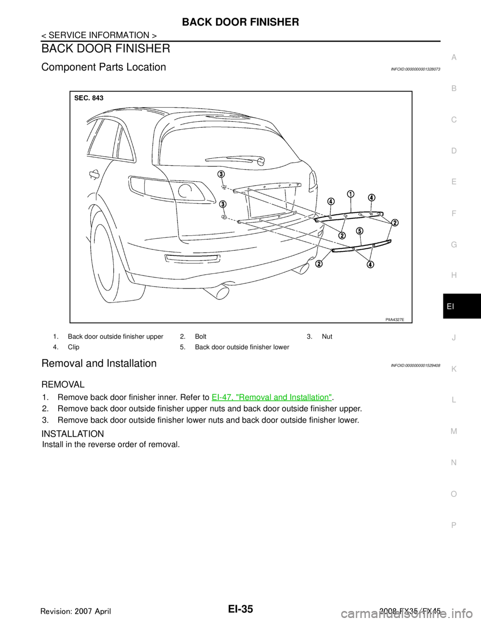 INFINITI FX35 2008  Service Manual 
BACK DOOR FINISHEREI-35
< SERVICE INFORMATION >
C
DE
F
G H
J
K L
M A
B
EI
N
O P
BACK DOOR FINISHER
Component Parts LocationINFOID:0000000001328073
Removal and InstallationINFOID:0000000001529408
REMO