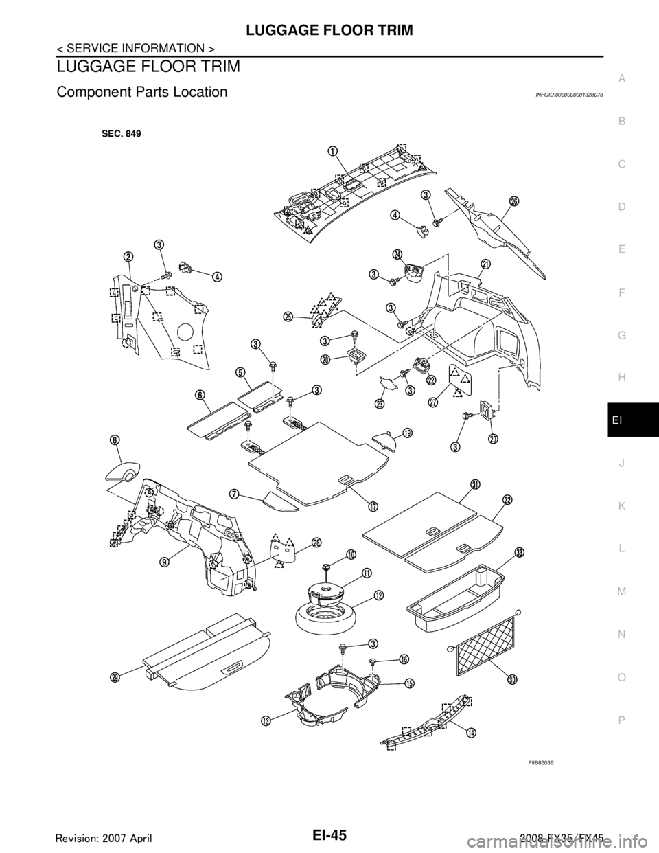 INFINITI FX35 2008  Service Manual 
LUGGAGE FLOOR TRIMEI-45
< SERVICE INFORMATION >
C
DE
F
G H
J
K L
M A
B
EI
N
O P
LUGGAGE FLOOR TRIM
Component Parts LocationINFOID:0000000001328078
PIIB8503E
3AA93ABC3ACD3AC03ACA3AC03AC63AC53A913A773A
