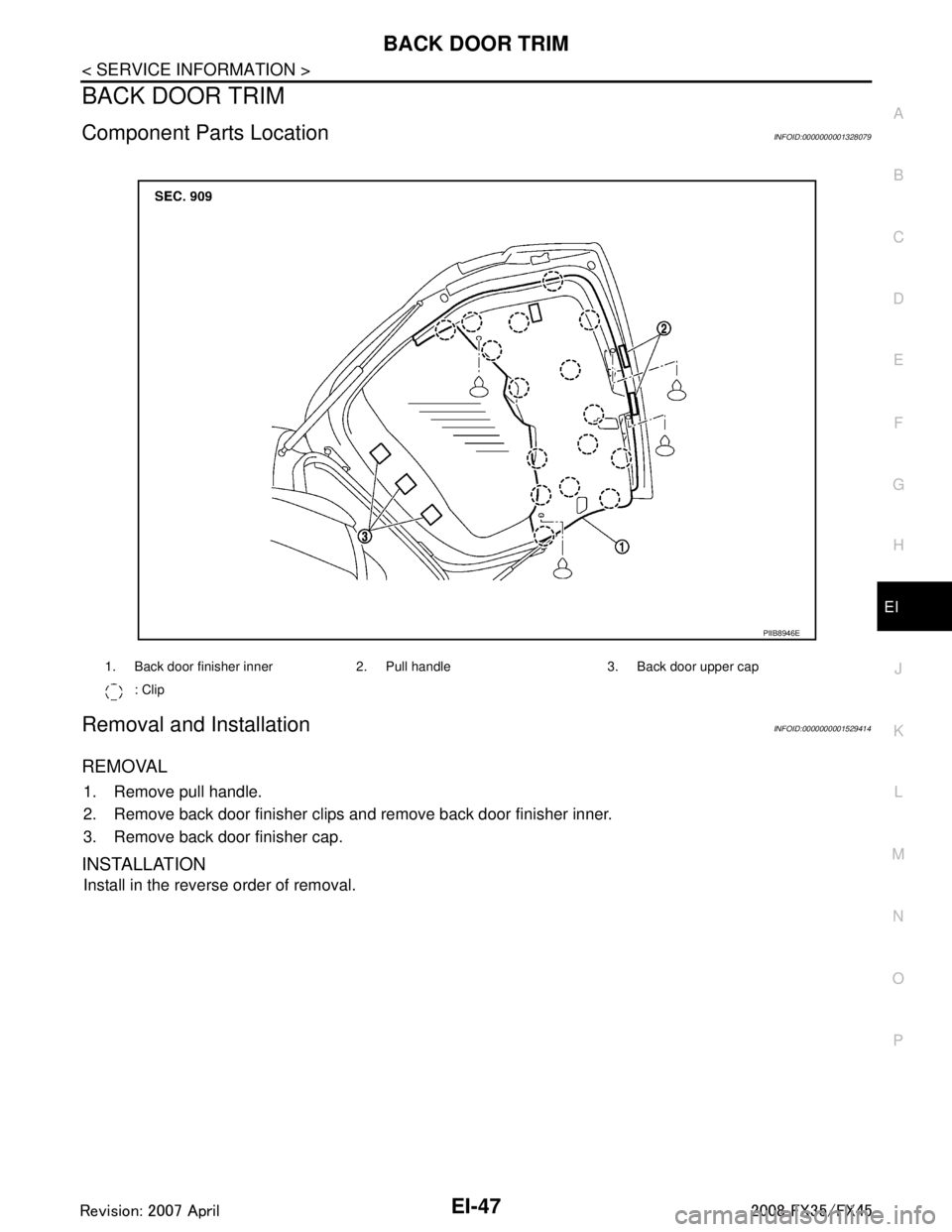 INFINITI FX35 2008  Service Manual 
BACK DOOR TRIMEI-47
< SERVICE INFORMATION >
C
DE
F
G H
J
K L
M A
B
EI
N
O P
BACK DOOR TRIM
Component Parts LocationINFOID:0000000001328079
Removal and InstallationINFOID:0000000001529414
REMOVAL
1. R