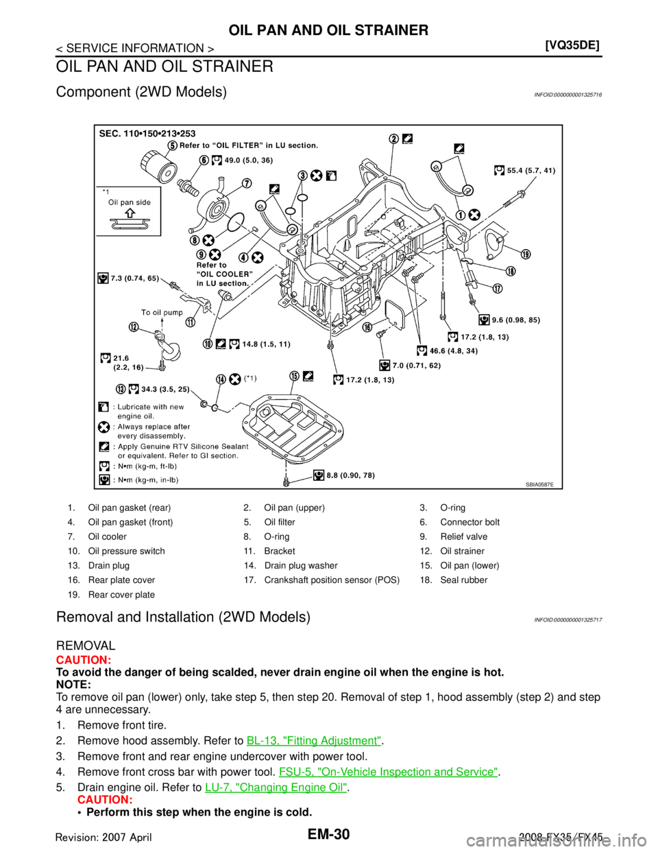 INFINITI FX35 2008  Service Manual 
EM-30
< SERVICE INFORMATION >[VQ35DE]
OIL PAN AND OIL STRAINER
OIL PAN AND OIL STRAINER
Component (2WD Models)INFOID:0000000001325716
Removal and Installation (2WD Models)INFOID:0000000001325717
REMO